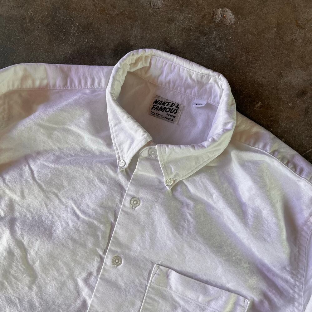 mens casual naked & famous white button down blank white longsleve shirt size L